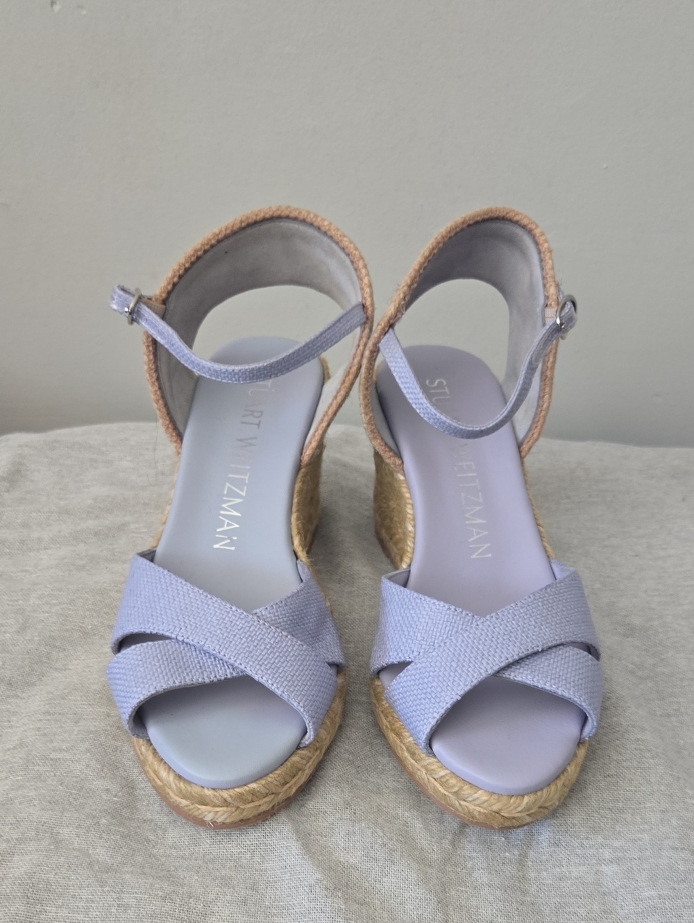 Stuart Weitzman Lilac Crisscross Raffia Wedge Sandals 7B
